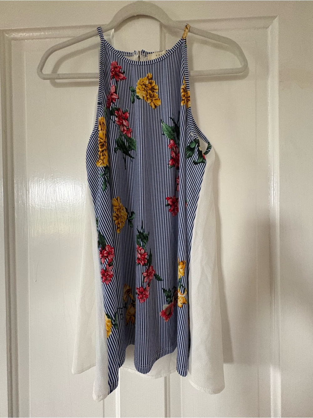 entro Blue & White Striped Floral Halter Tank with Yellow and Pink Flowers